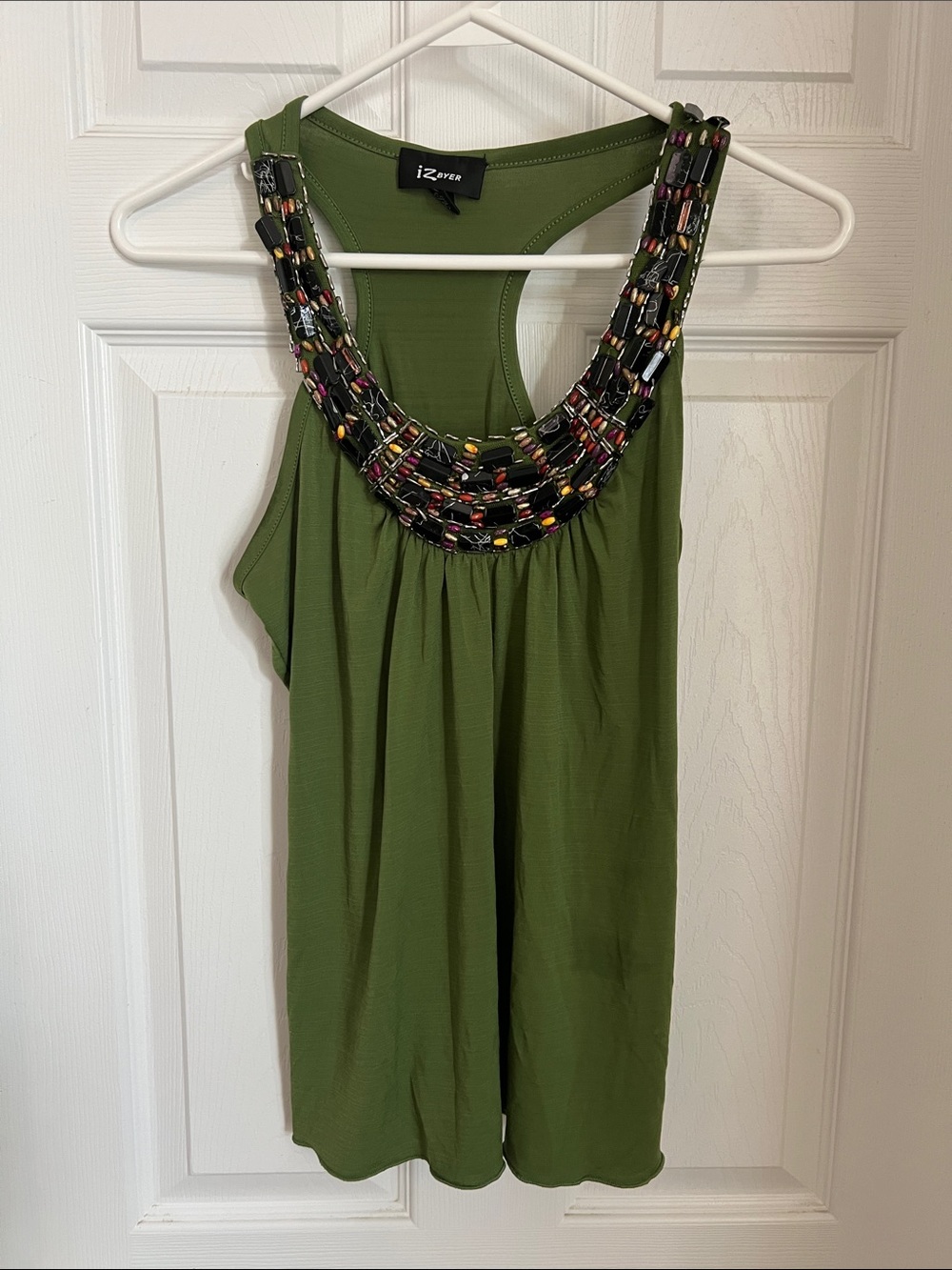 Iz Byer Olive Green Tank with Multicolor Beaded Neckline